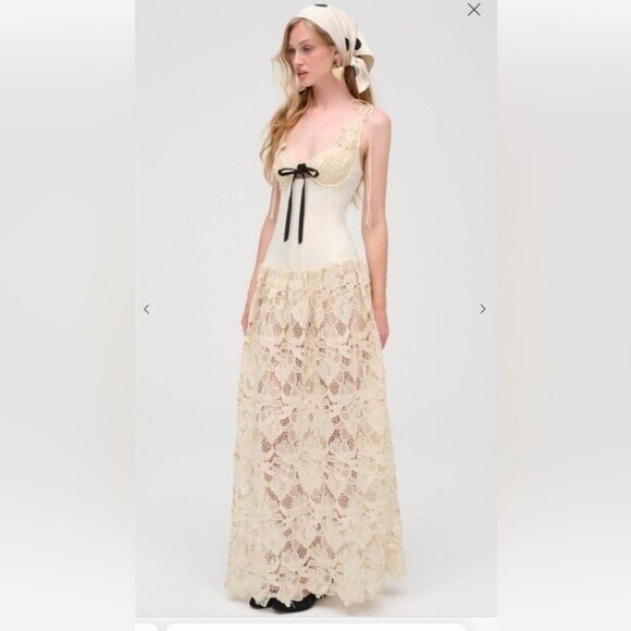 For Love And Lemons Cream Lace Maxi Dress with Black Bow - Picture 1 of 12